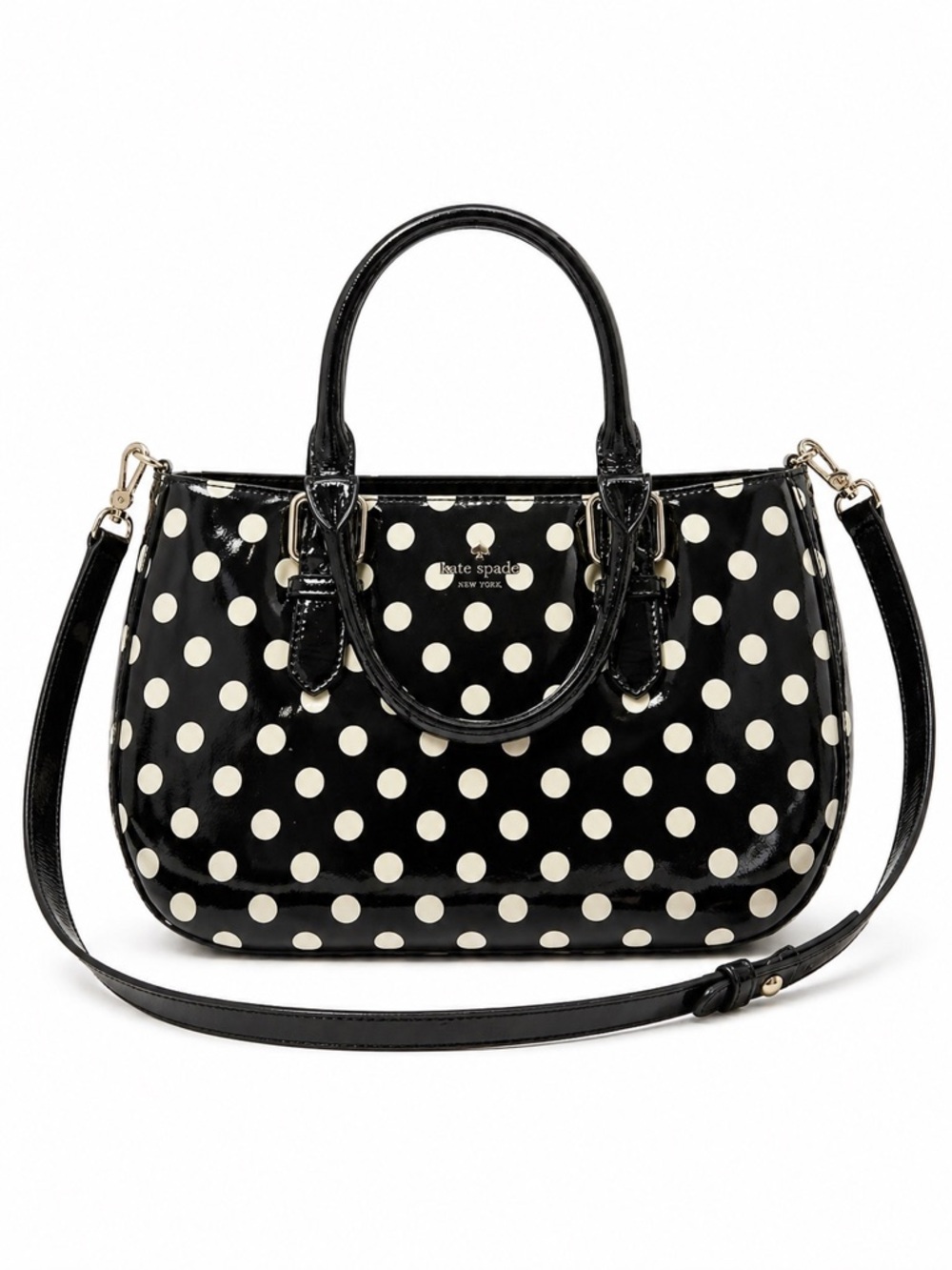 Kate Spade Carlisle Street Sylvie Satchel Black White Polka Dot Patent Leather